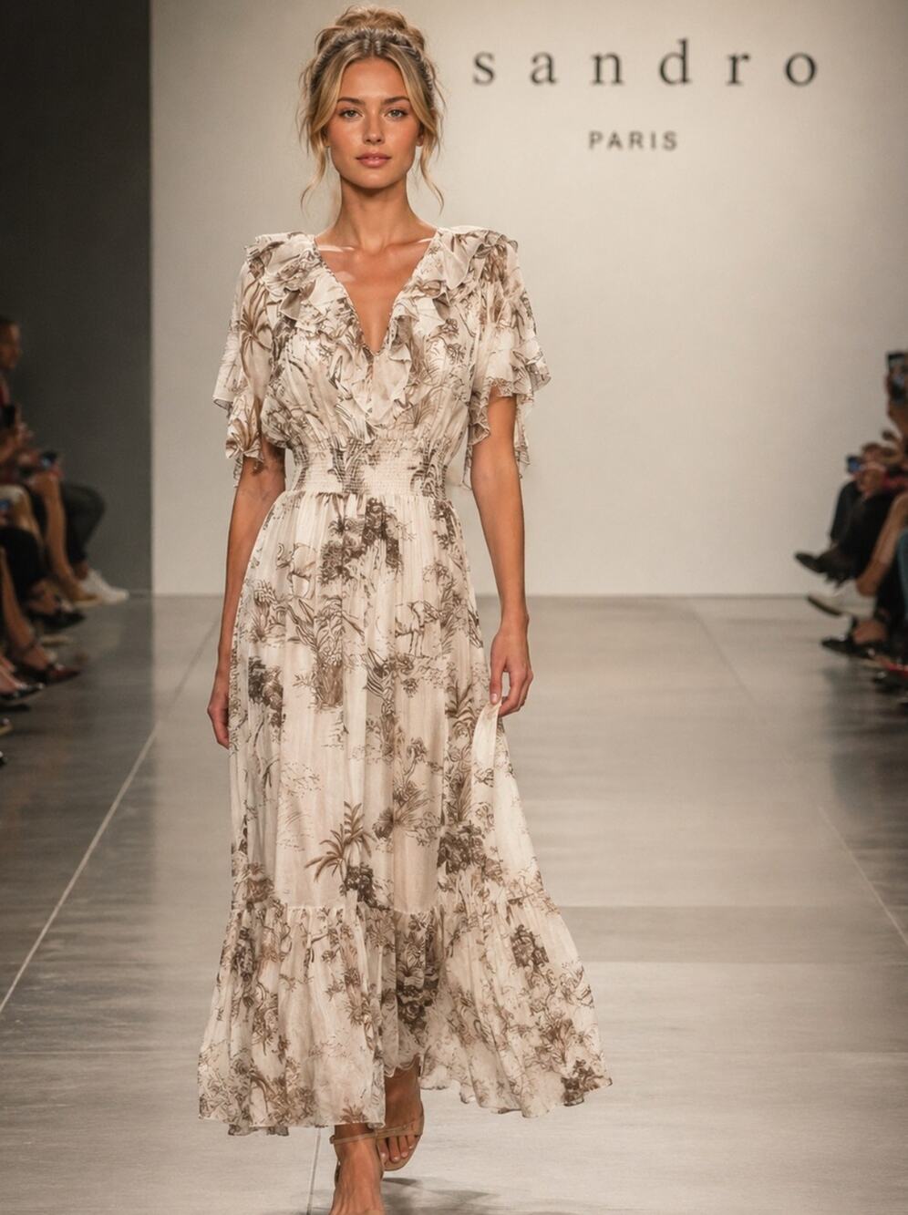 Sandro Paris Ivory Safari Print Maxi Dress Designer French 36/US Small MSRP $452
